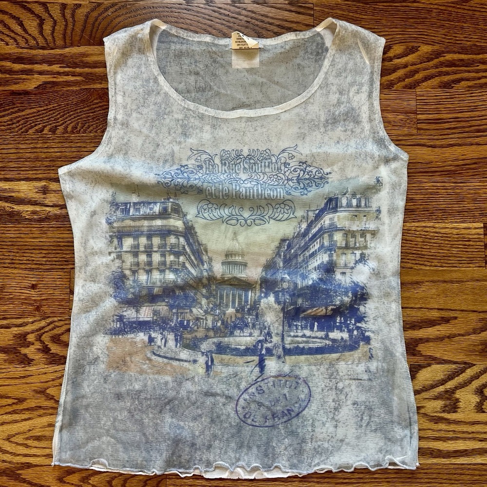 Rare Vintage Y2K DB Sport Paris Graphic Semi Sheer Mesh Tank Top Size M